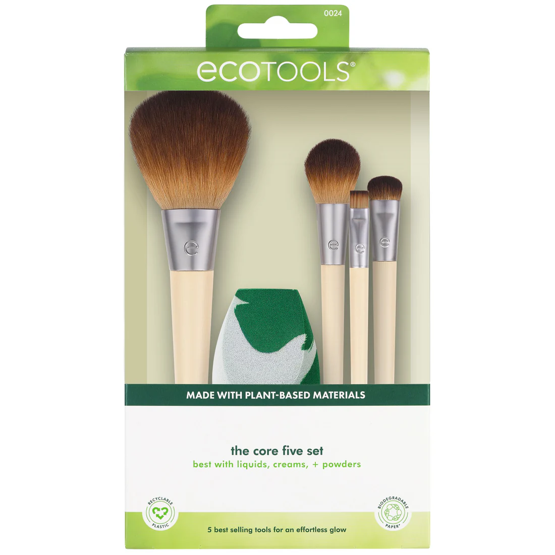 0024_ECT_CoreFive_Front_1100x EcoTools makeup brushes and a sponge in its packaging - Image 1