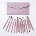10-piece makeup brush set with lavender pouch.