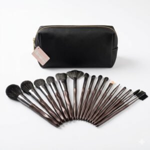 15-Piece Professional Makeup Brush Set with Black Saffiano Leather Cosmetic Bag